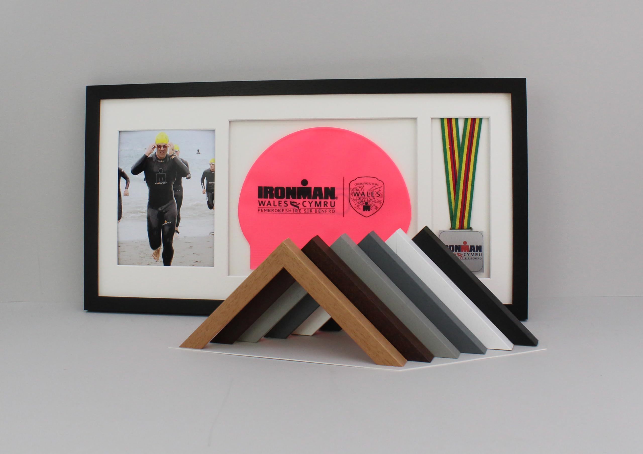Medal display Frame with Apertures for Swim Cap and Photo. 30x60cm. Swimmers | Triathletes | Athletes (Black Frame)