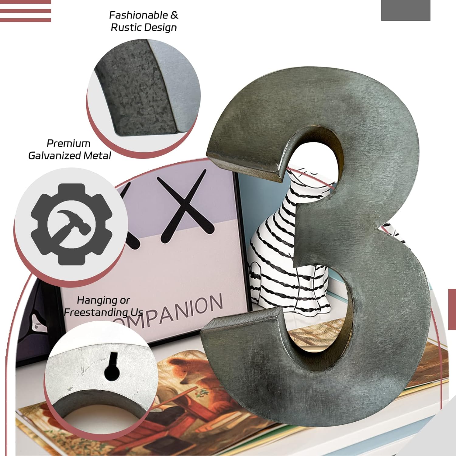Galvanized Metal Number - 6" 3D Metal Digit-5 in Hanging or Freestanding, Rustic Vintage Style Farmhouse Decor & Sign, for Mailbox Phone Home Address Numbers, Door and Wall Decoration