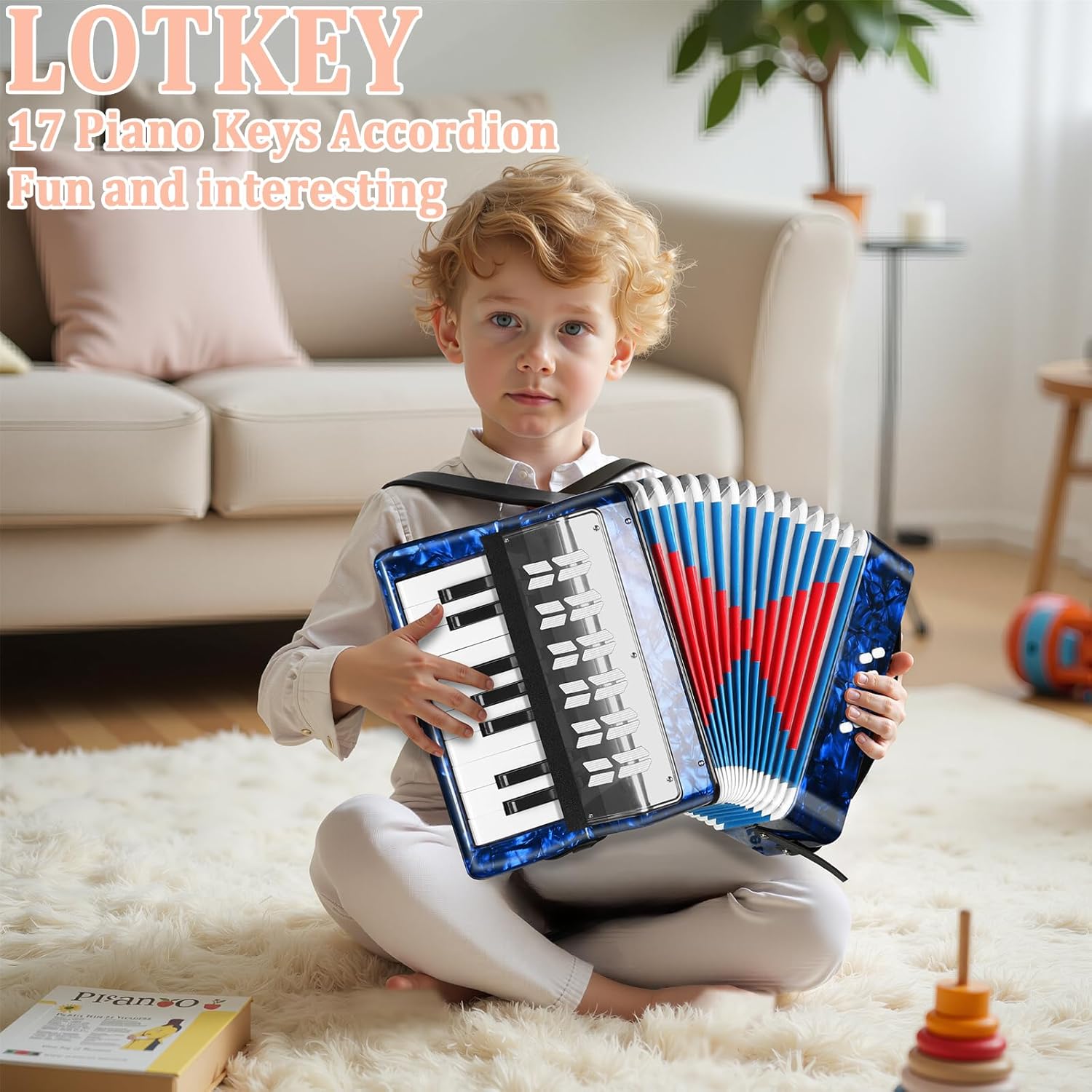 Lotkey 17 Key Piano Accordion, 8 Bass Kids Accordion, Celluloid Body, Metal Cover Accordions Louder Clearer Timbre Than Plastic, Lightweight Design for Children, Beginners to Practice (Sapphire Blue)