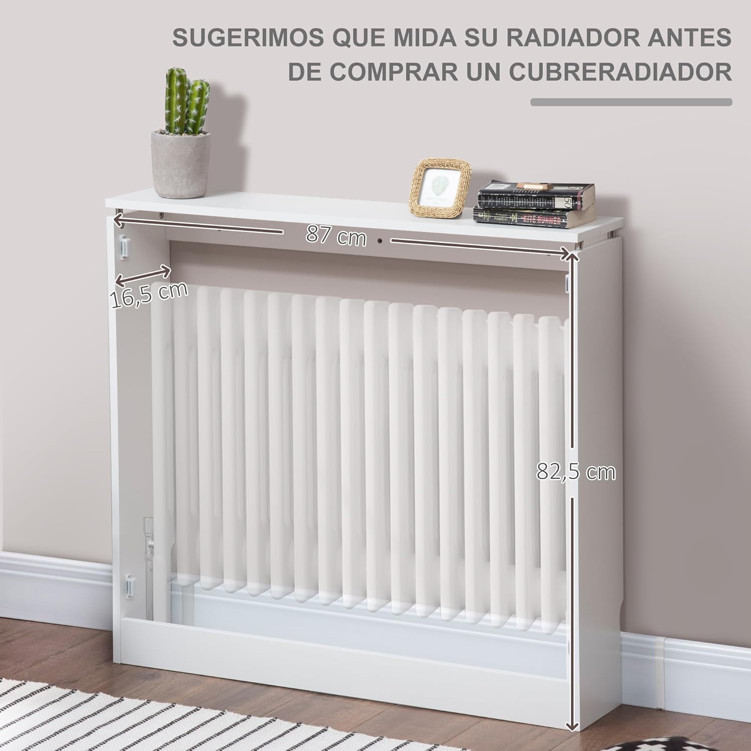 Diagram showing internal dimensions of the radiator cover: 87 cm length, 16.5 cm width, 82.5 cm height
