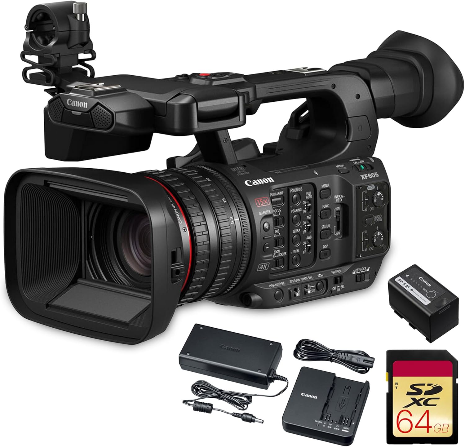Canon XF605 UHD 4K HDR Pro Camcorder – 1" CMOS Sensor, 15x Optical Zoom, Dual Pixel AF, Wi-Fi, Broadcast & Event Professional Video Camera (5076C002) + 64GB Memory Card