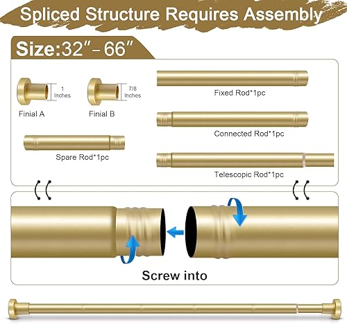 Miniatura 8 de YNL Barra de cortina de ducha dorada de 32 a 80 pulgadas (2.7-6.6 pies), antideslizante, nunca se oxida, no se taladra, barra de ducha de tensión de
