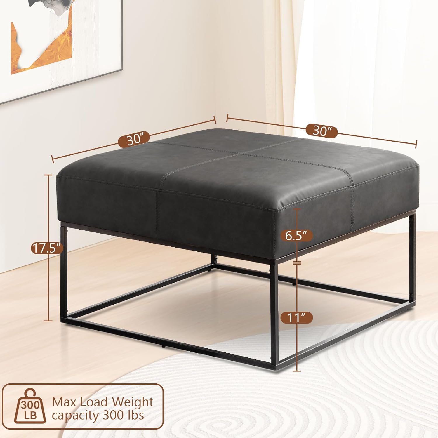 Modern Square Coffee Table, Farmhouse Ottoman for Living Room, Large Vintage Leather Coffee Tables with Leather Upholstered Padded Seat [Square, Vintage Black, 30'']