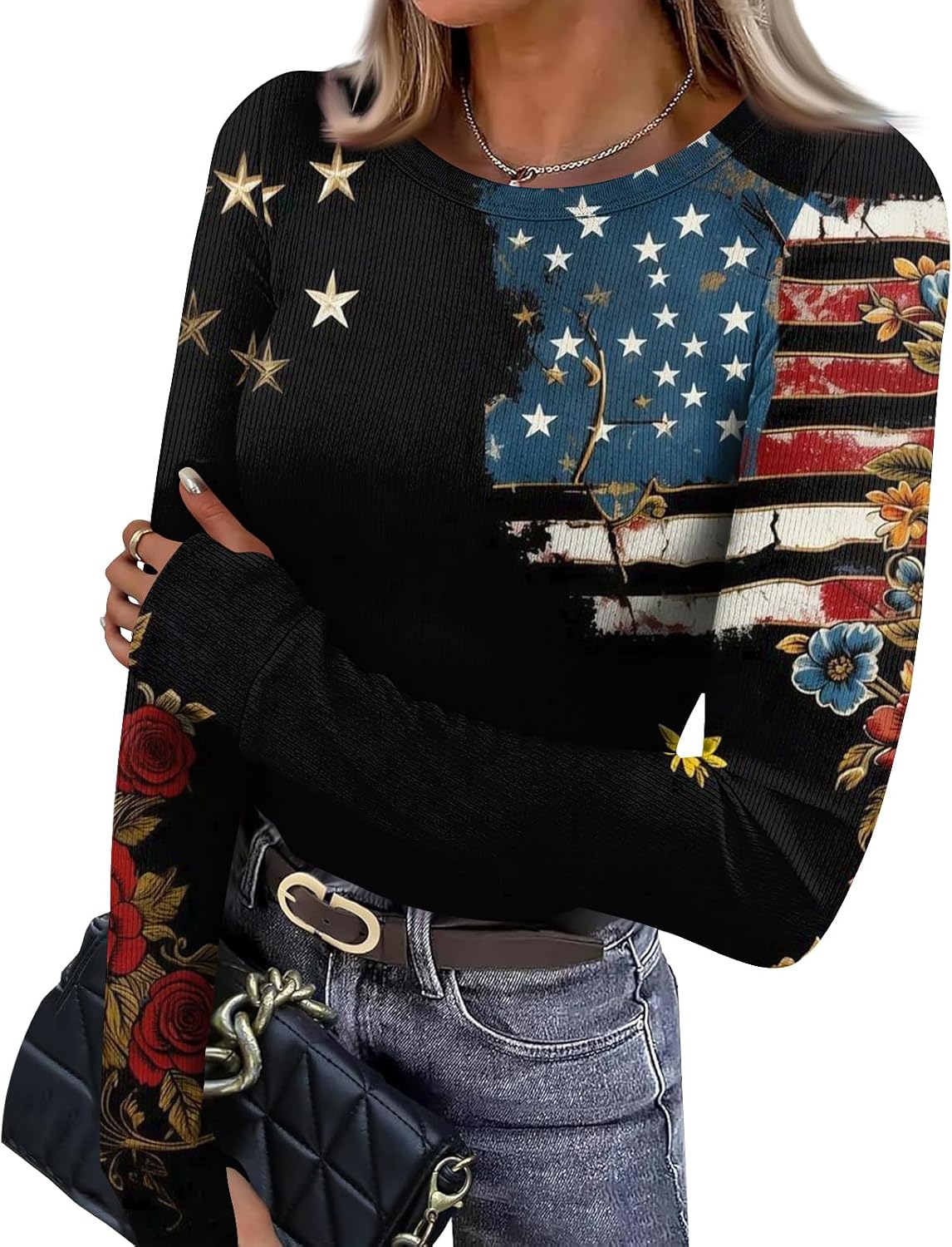 Women's 250 Anniversary USA Shirt, 4th of July Shirts for Women, Long Sleeve Crewneck Patriotic Tops