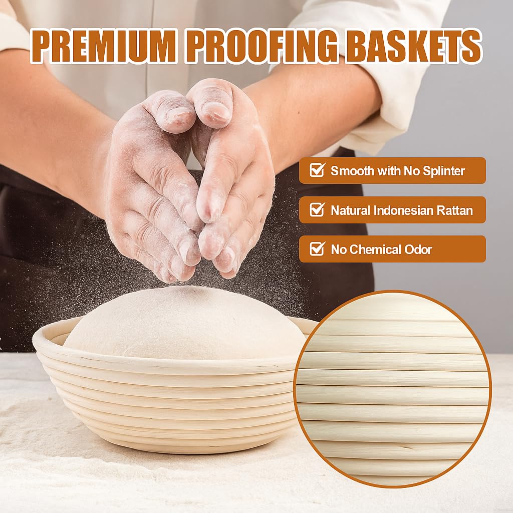 ECOMERR - Set Cestini Per Lievitazione Pane In Rattan Naturale (Rotondo 22cm E Ovale 22x14cm) | Kit Completo Con Fodere In Lino, Raschietti, Lama E Borsa Porta Pane - 4