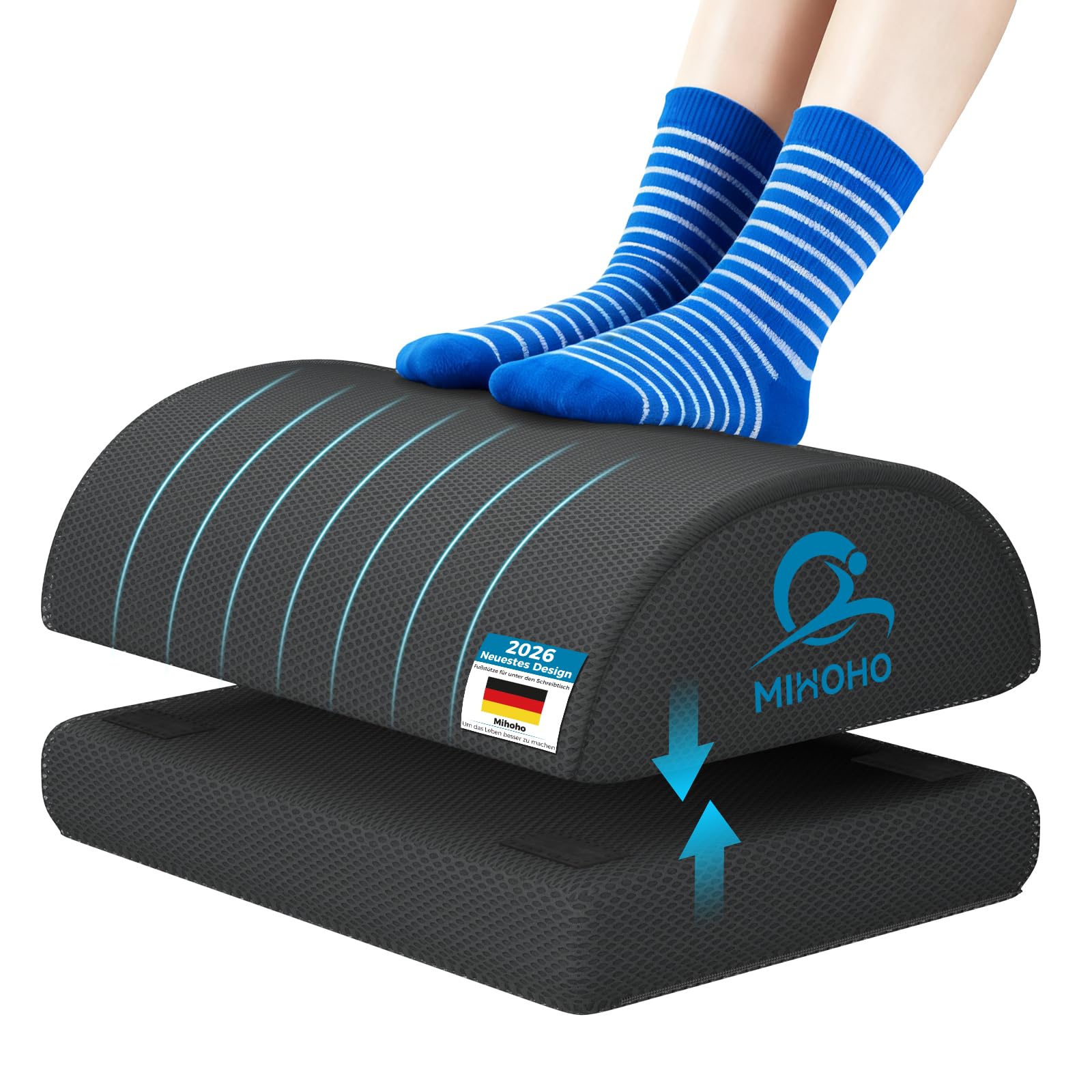 Podnóżek biurowy Mihoho pod biurko do pracy, regulowany w wysokości podnóżek z pianki memory z omywalną osłoną – wygodny, ergonomiczny podnóżek (czarny)