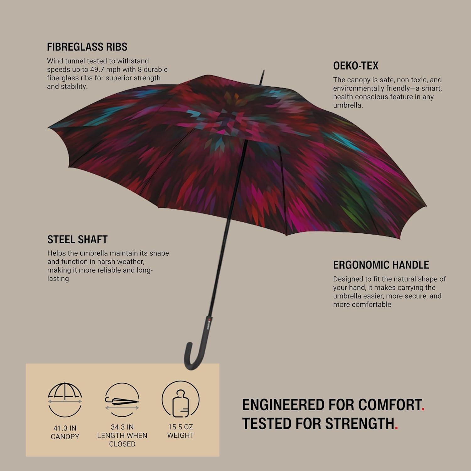 Knirps T.760 Stick Automatic Auto Open Rain Umbrella With Curved Handle - Windproof Travel Cane With Automatic Open Button - For Adults - 107cm Diameter - Image 3