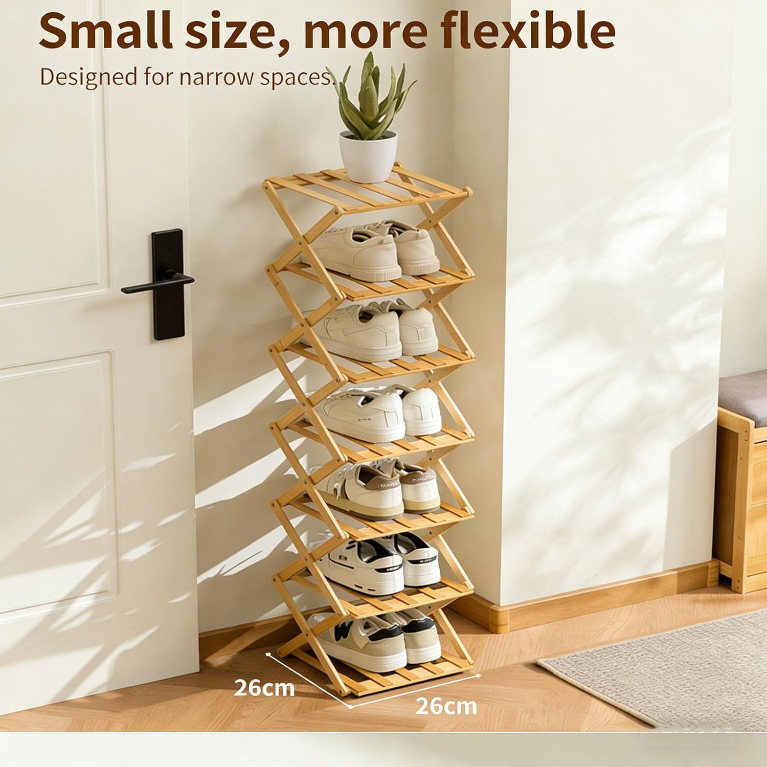The 9 Tier Bamboo Shoe Rack, 9 Tier No-Assembly Portable Folding Shoe Storage Rack, Foldable Storage Shelf for Narrow Space, Bedroom, Living Room (Wood Color,8 Layer)