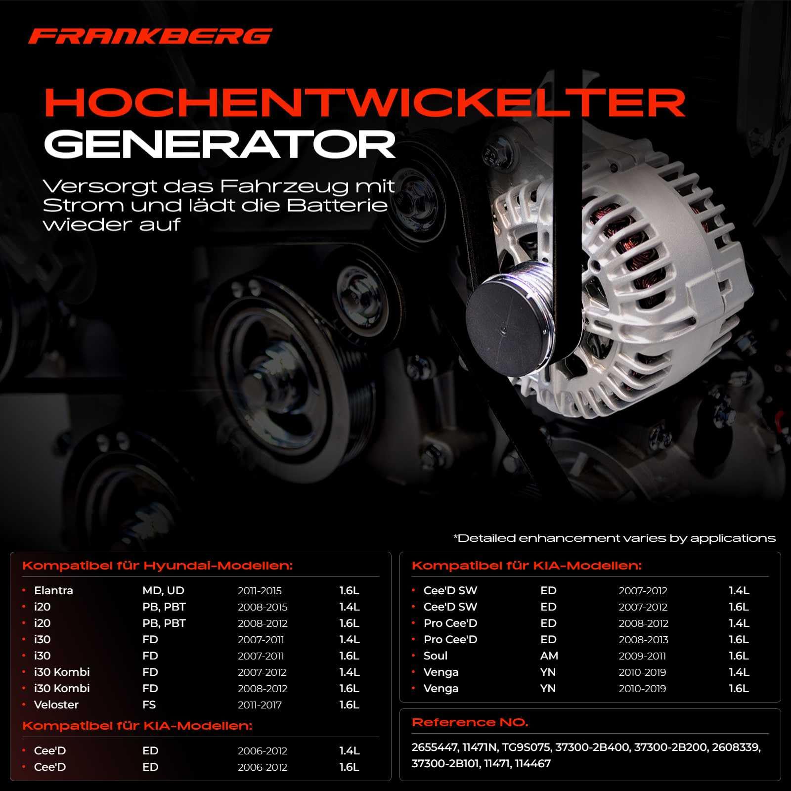 Frankberg Lichtmaschine Generator Kompatibel mit Elantra MD UD 1.6L 2011-2015 i20 PB PBT 2008-2015 Cee'D ED 2006-2012 Venga YN 2010-Heute Soul AM 2009-2014
