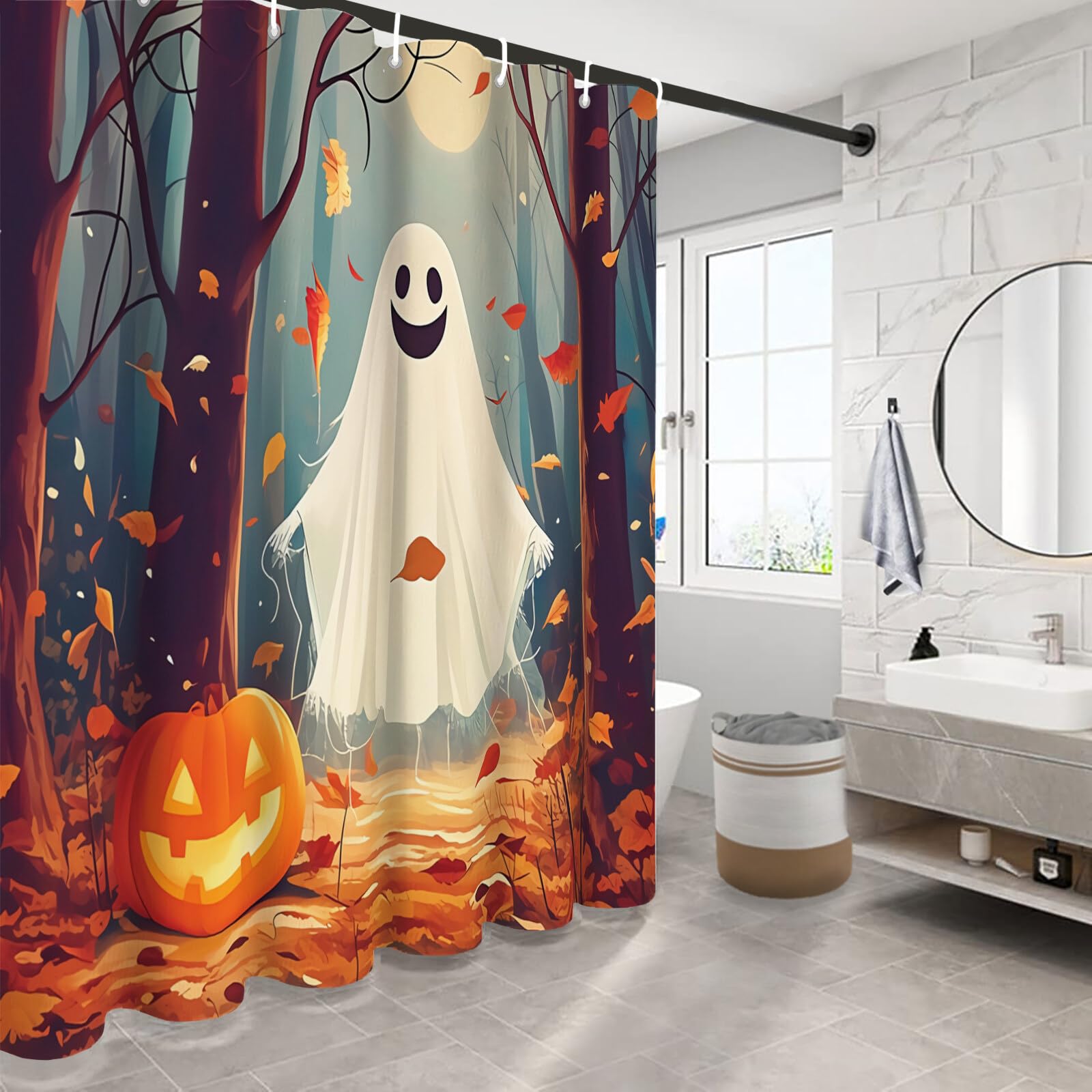 Duschvorhang Halloween Kürbisgeist Wald-Cartoon Duschvorhänge H240Xb200Cm | Anti-Schimmel Wasserdicht Polyester Stoff Waschbar Bad Vorhäng Für Badzimmer Mit Haken