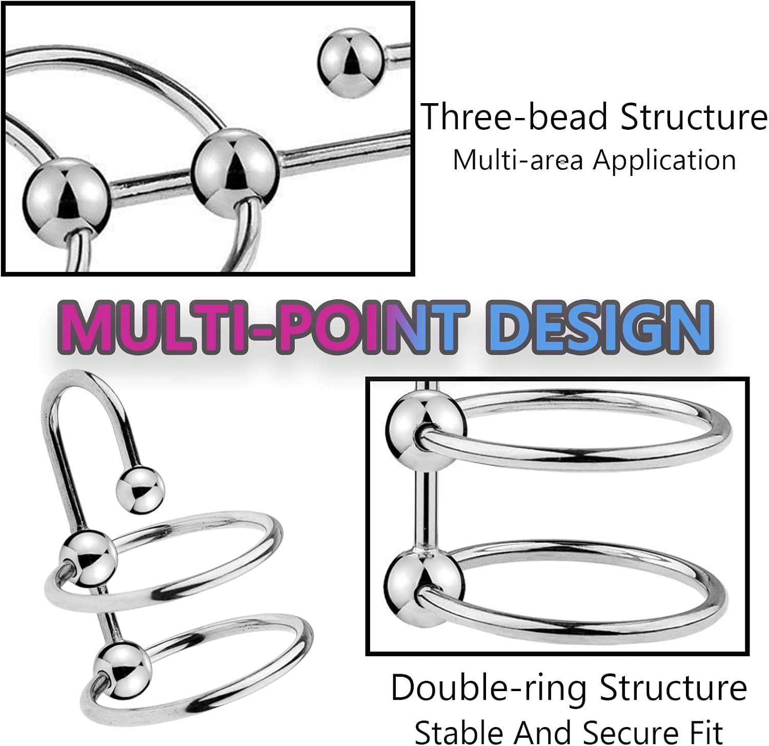 Double Penis Ring with Urethral Plug Multi Beads Stainless Steel Cock Ring Set Urethral Sounding Accessory Sex Toy for Men