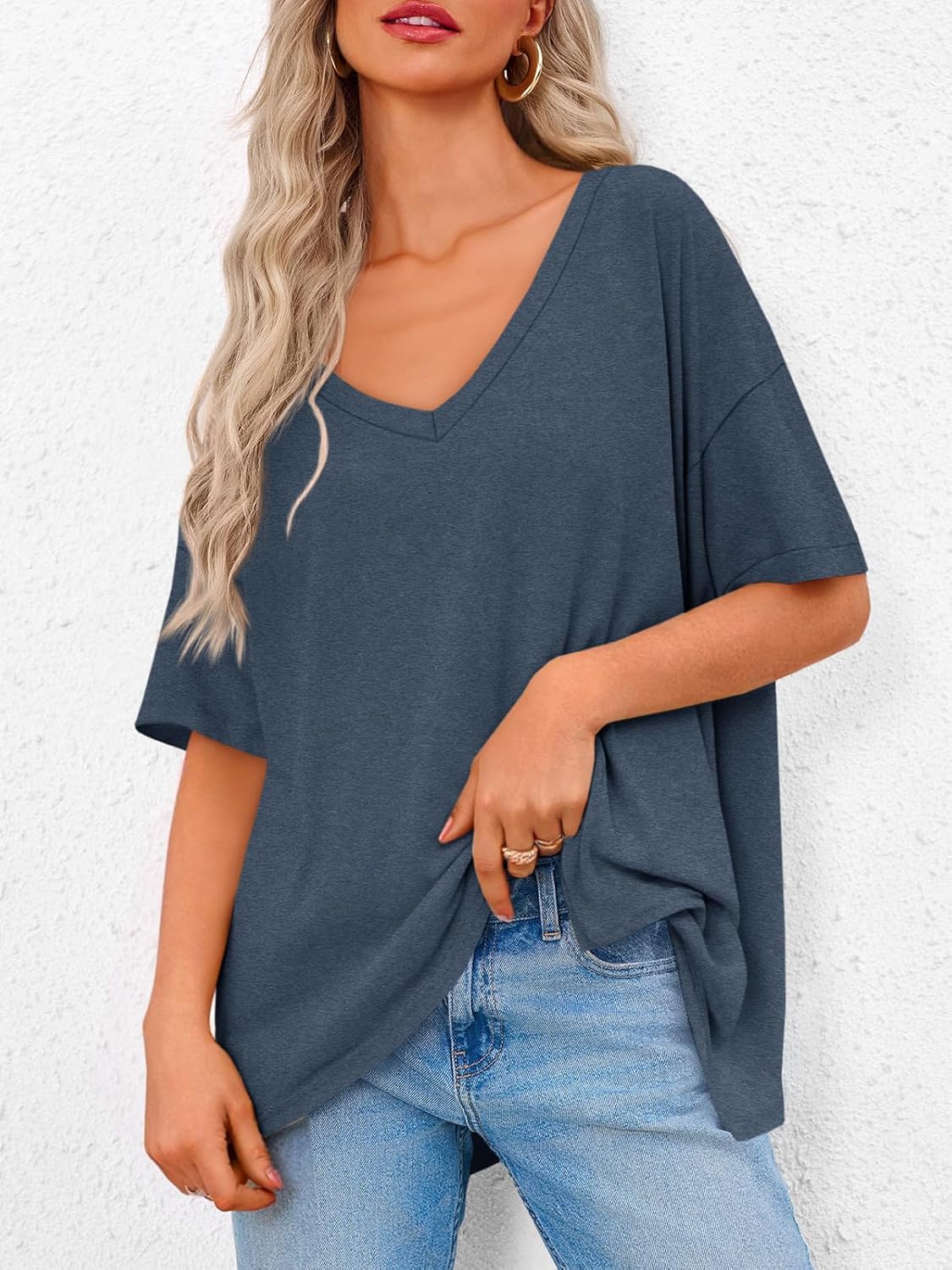 Tankaneo Womens Oversized Tshirts V Neck Short Sleeve Tops Summer Casual Loose Fit Tunic Tee Shirts - Image 2