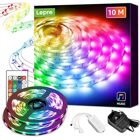 Lepro Led Lights 10m 2x5m Music Sync Led Strip Lights With Remote And Plug 300 Bright 5050 Leds Rgb Colour Changing Stick On Led Light For Bedrooms Kitchen Party Bar Kids Room