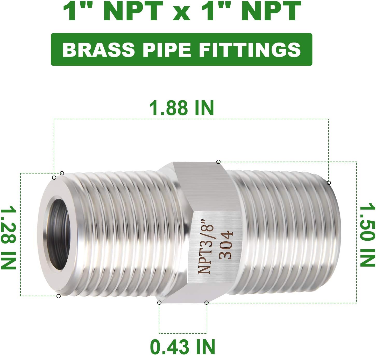 TAISHER 5PCS 304 Stainless Steel Hex Nipple, Pipe Fitting 1-Inch Male Pipe x 1-Inch Male Pipe
