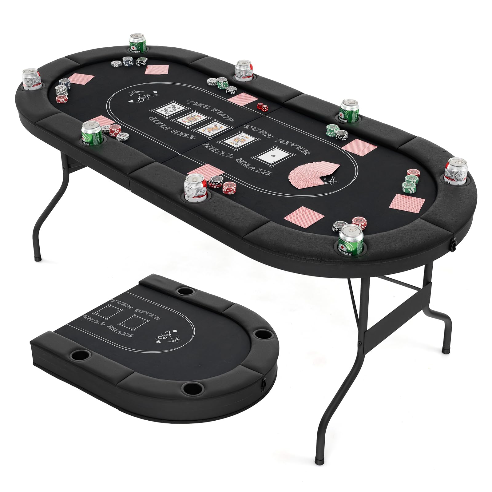 Goplus 72” Poker Table Foldable, 8 Players Card Board Game Table w/Deep Metal Cup Holders, Casino Grade Felt, Portable Folding Oval Blackjack Table for Texas Holdem, No Assembly Required (Black)