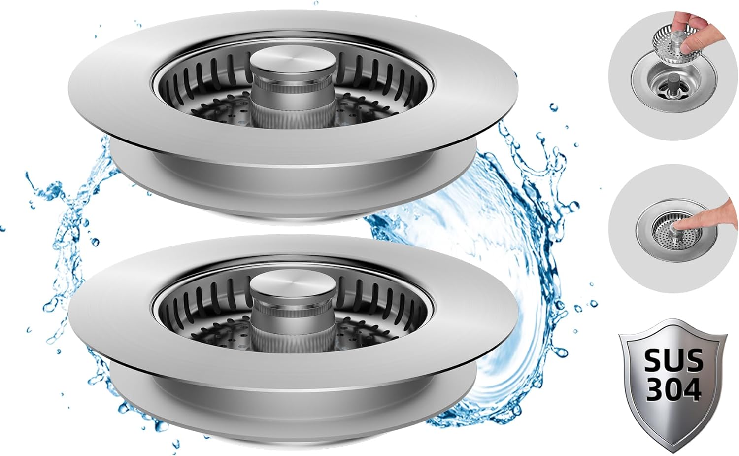 Hibbent 2 Pack All Metal 3 in 1 Kitchen Sink Drain Strainer and Stopper Combo, Stainless Steel Pop Up Sink Stopper with SUS304 Basket Strainer, Flat Round Handle for US Standard 3-1/2 Inch Drain Brushed Nickel 2