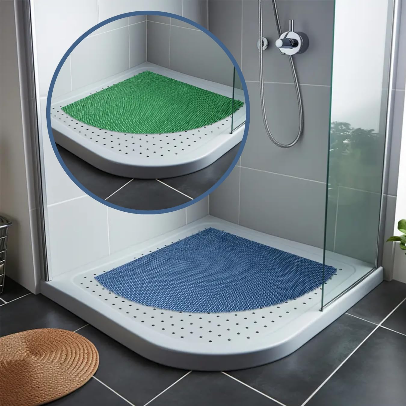 Rackhams Blue/Green Reversible Dual-Colour Pvc Shower Bathroom Anti Slip Mat - Quadrant 53X53cm