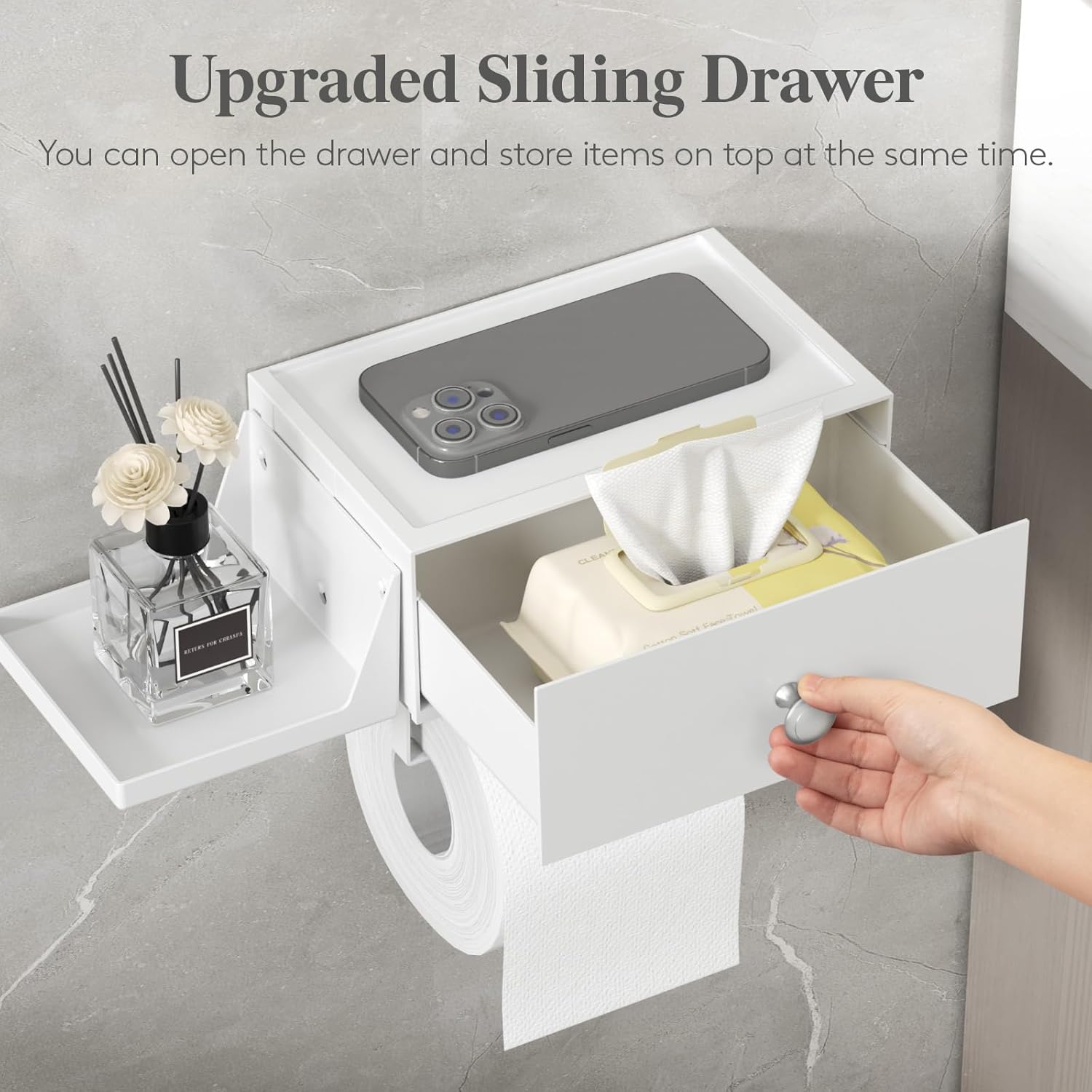 Lifewit Toilet Paper Holder with Shelf and Drawer, Screw or Adhesive Wall Mount Tissue Roll Storage, Dustproof & Flushable Bathroom Wipes Dispenser Organizer, White, 2 Pack