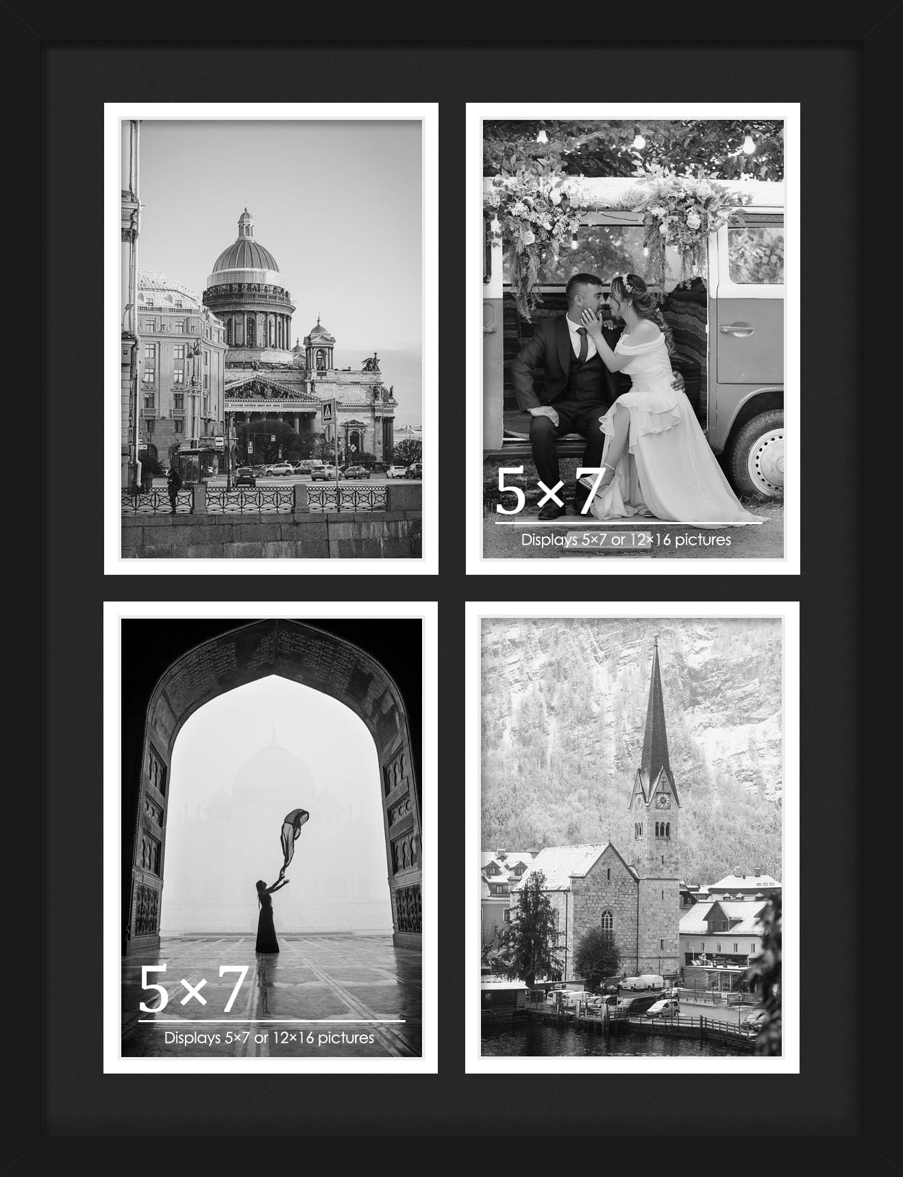 DUENPY 12x16 Collage Picture Frame 5x7 Collage Picture Frame, Displays Four 5x7 inch Photos, Wall Decor Wall Hanging or Tabletop, Black Mat.