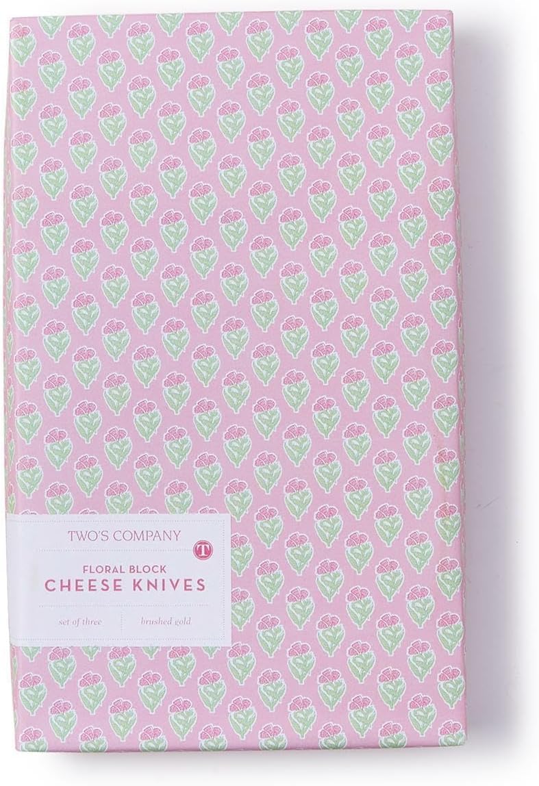 Two's Company Floral Block Print Cheese Knives in Gift Box, Stainless Steel, Set of 3