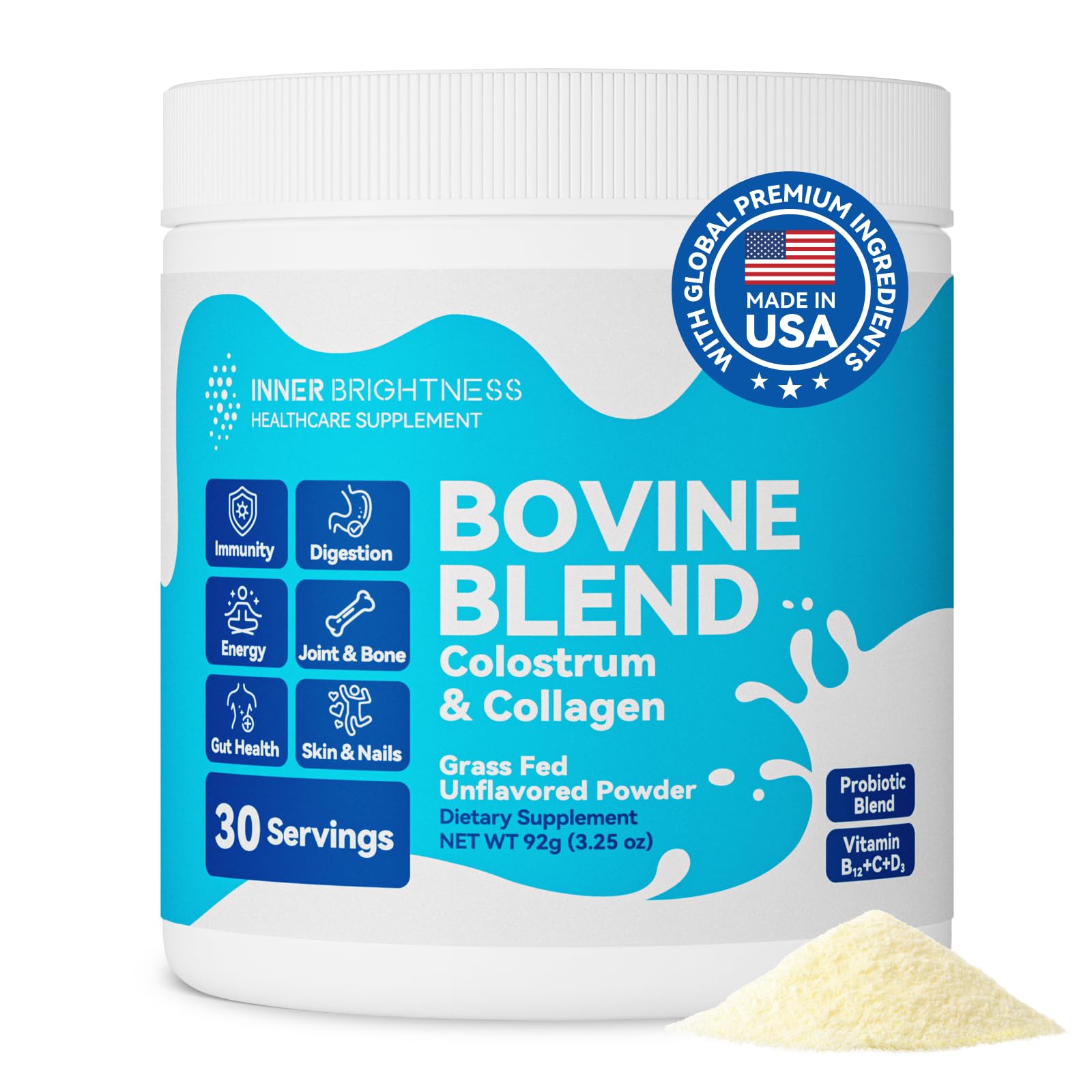 Bovine Colostrum & Collagen Powder for Gut Health, Immune Support, Hair Growth & Beauty Supplement, Sugar Free – IgG, Probiotics, Vitamin B12, C, D3 – Unflavored, 30 Servings