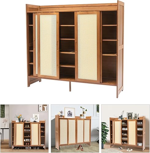 Miniatura 7 de Gabinete de zapatos con puerta corredera ventilada de dos vías, banco de almacenamiento de zapatos de 6 niveles con 4 puertas corredizas,