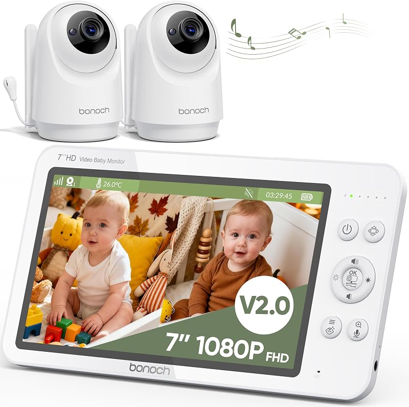 V2.0 1080P Baby Monitor with 2 Cameras, 7" Split Screen No WiFi | Dual Video Monitor with Camera and Audio, Upgraded Sleep/Crying/Motion Detect, White Noise, VOX Mode, PTZ, Night Vision