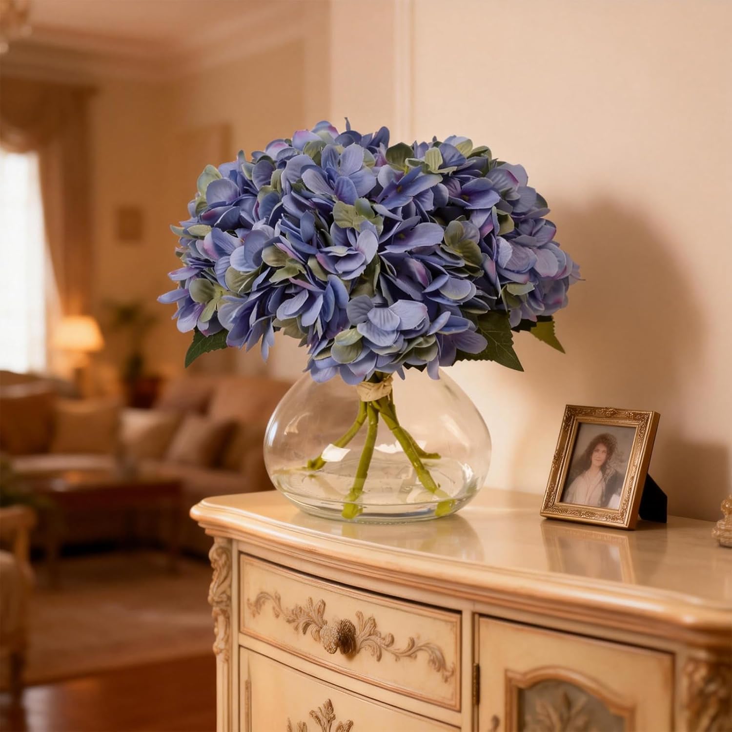 Bdor Blue Hydrangea Artificial Flower Arrangement in Clear Glass Vase, Faux Hydrangea Bouquet with Realistic Water – Table Centerpiece for Home, Living Room, Bedroom, Office Decor