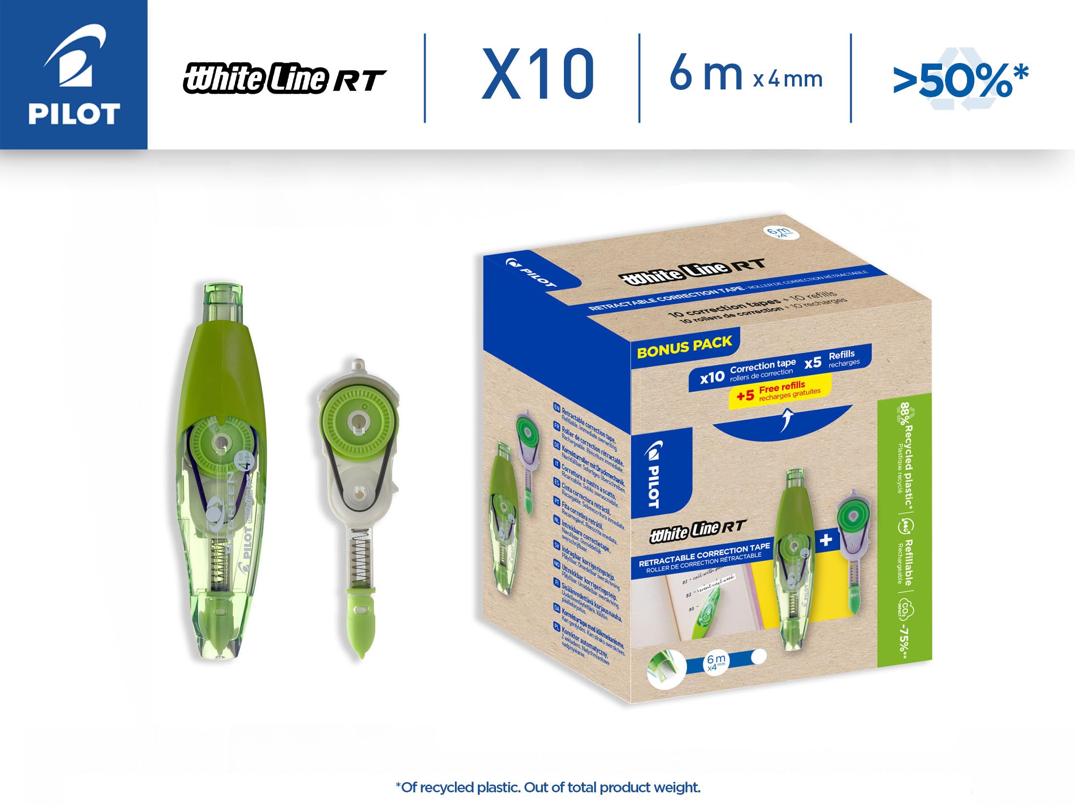 PILOT - Lot de 10 Whiteline RT + 10 Recharges - Correcteurs à Bande Rechargeables et Rétractables - Fabriqué en Plastique Recyclé - Idéal Bureau et École - Correction Instantanée