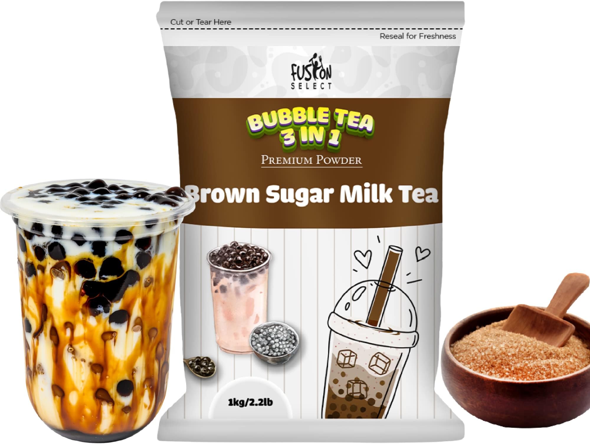 2.2lb Brown Sugar Milk Tea Powder Flavored-3-in-1 Drink Powder with Cream & Sugar - Instant Pre-Mixed Beverage for Hot or Cold Blends or Yummy Frappes