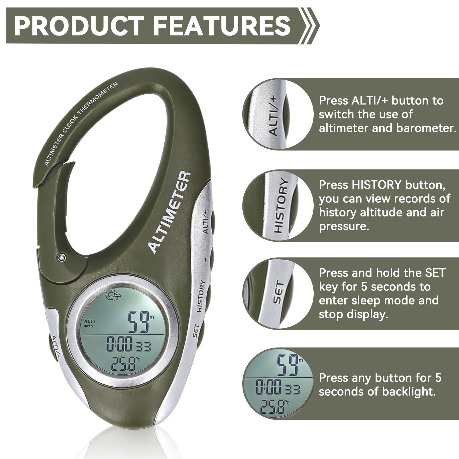 HERCHR Digital Höhenmesser tragbarer digitaler Kompass -Wanderwanderungs -Thermometer Hintergrundhöhe Altimeter Barometer Multi -Funktion zum Wandercamping im Freien im Freien