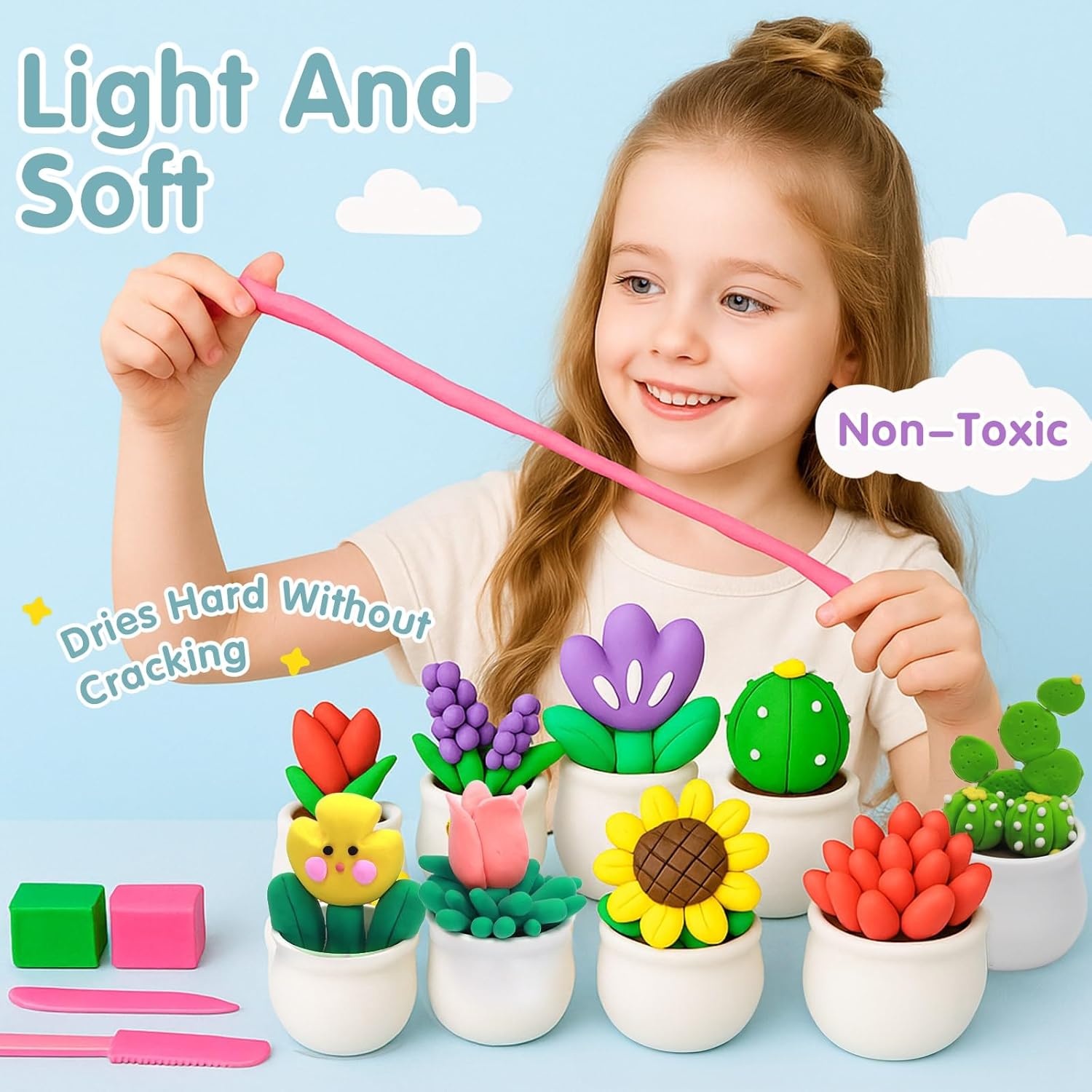 Air Dry Clay for Kids - 12 Plants DIY Modeling Clay Kit with Sculpting Tools & STEM Tutorials - Ultra Light, Soft, Safe - Back to School Classroom Supplies, Home Party, Birthday Gifts for Ages 3-12+