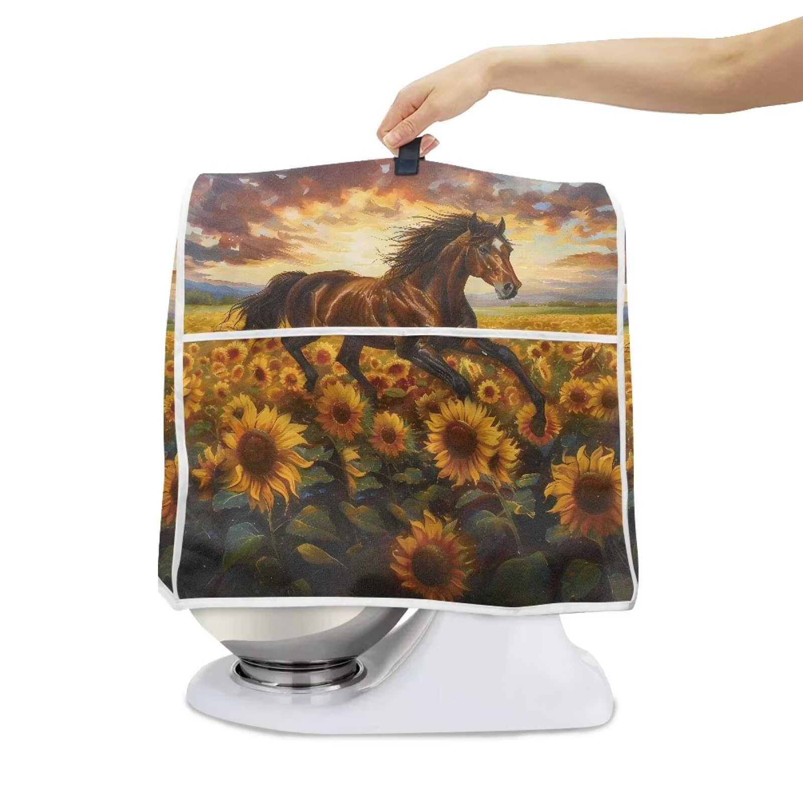 Hechitok Sunflower Horse Stand Mixer Cover for Kitchen Aid Mixer Floral Moon Kitchen Mixer Storage Bag with Portable Top Handle and Pocket Small Appliance Dust Cover Easy to Clean Nice Gifts