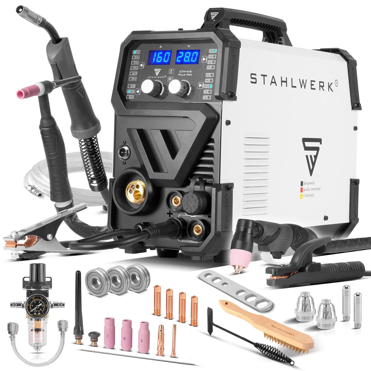 STAHLWERK Poste à souder combiné 6-en-1 CTM-416 Puls Pro – CUT, TIG, MIG/MAG, PULSE, MMA (ARC), FLUX jusqu'à 160 A, découpeur plasma jusqu'à 40 A, amorçage HF, fonction Pulse, dévidage de fil, LED