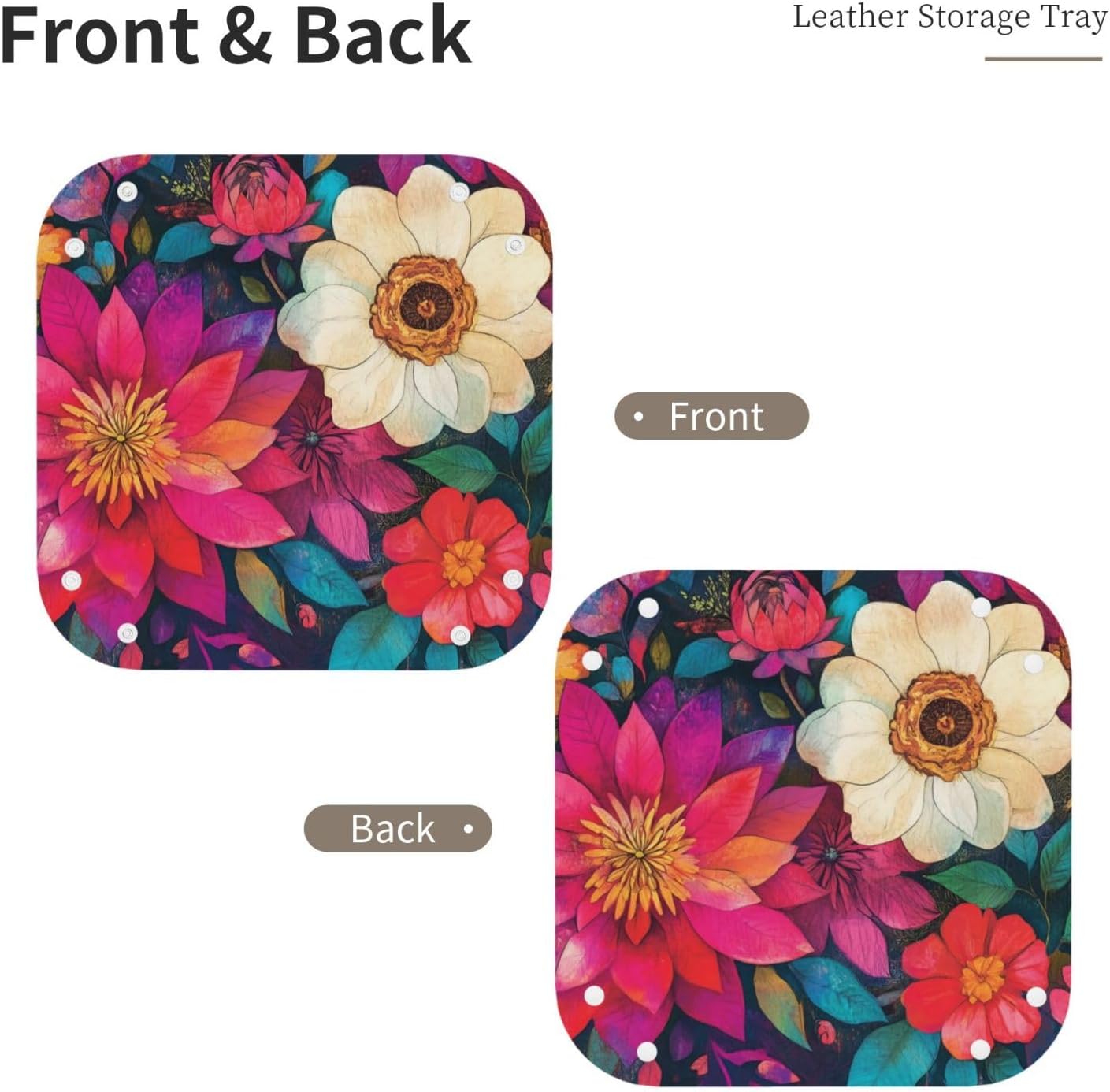 Colorful Boho Floral - Leather Storage Tray, for Jewelry Organizer, Desktop Storage, Key Wallets Cell Phones Nightstand or Dresser Organizer Plate - Medium image 2