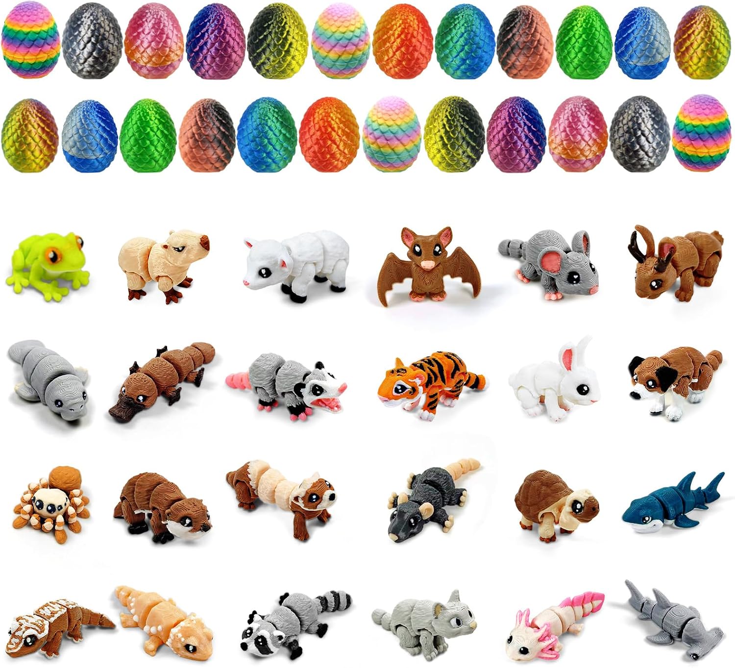 24 Pcs Mini 3D Printed Animals in Sparkle Eggs - 1.5-2 Inch Articulated Animal Figurines with Multicolor Gradient Shells, Christmas or Easter Egg Advent Calendar, Collectible Display Decor image 4