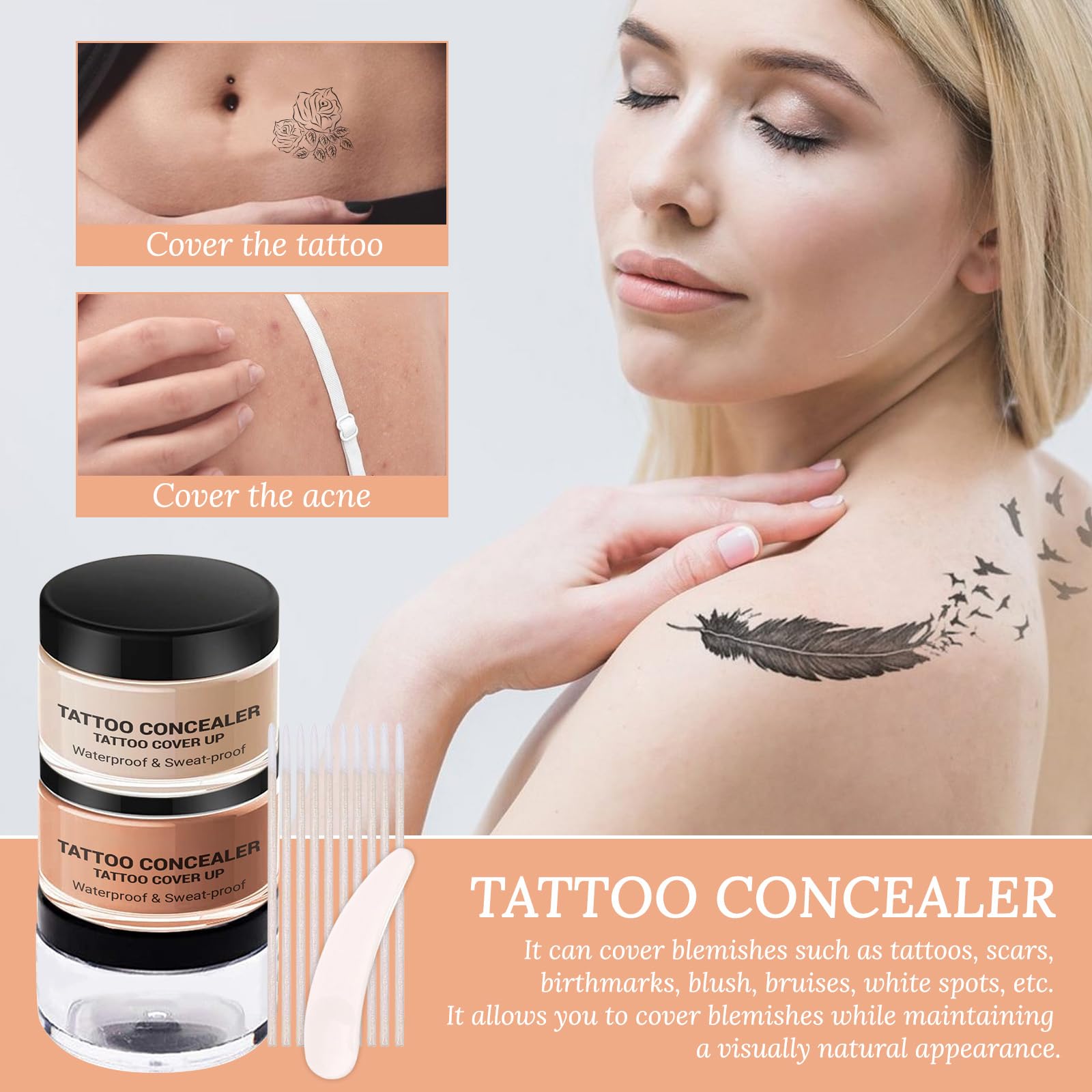 EONFAVE Krem do tatuażu, wodoodporny, korektor do ciała, korektor do tatuażu, korektor, wysokie krycie, długo utrzymujący się, krem kryjący do tatuażu skóry, znamion i blizn