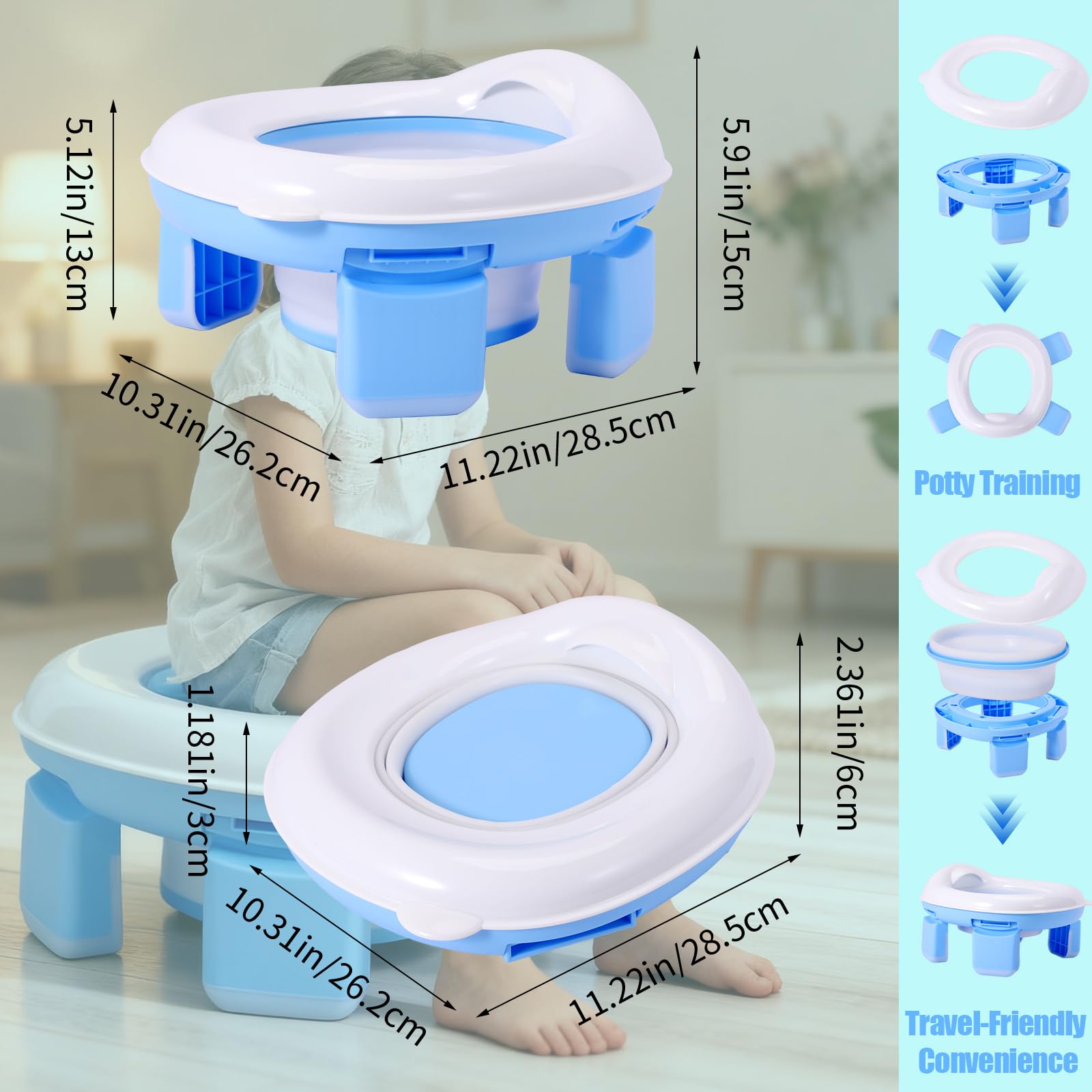 3-in-1 Töpfchen Kinder, Faltbarer Toilettensitz und Tragbares Reisetöpfchen mit Anti-Rutsch-Design, Einwegbeuteln und Reisetasche, Potty Training Toilette für Unterwegs, Auto, Reisen und Camping