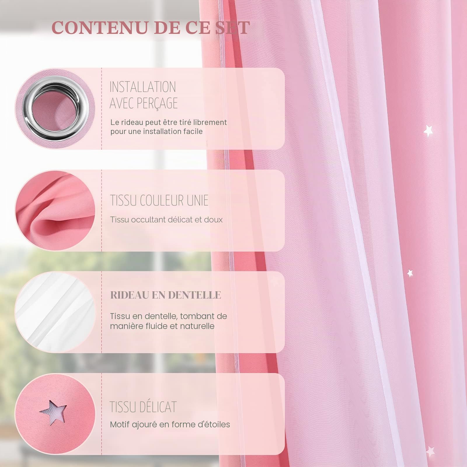 VORCOOL Rideau Occultant de Motif Étoiles Creuses avec Double Gaze pour Salon Chambre (Rose)