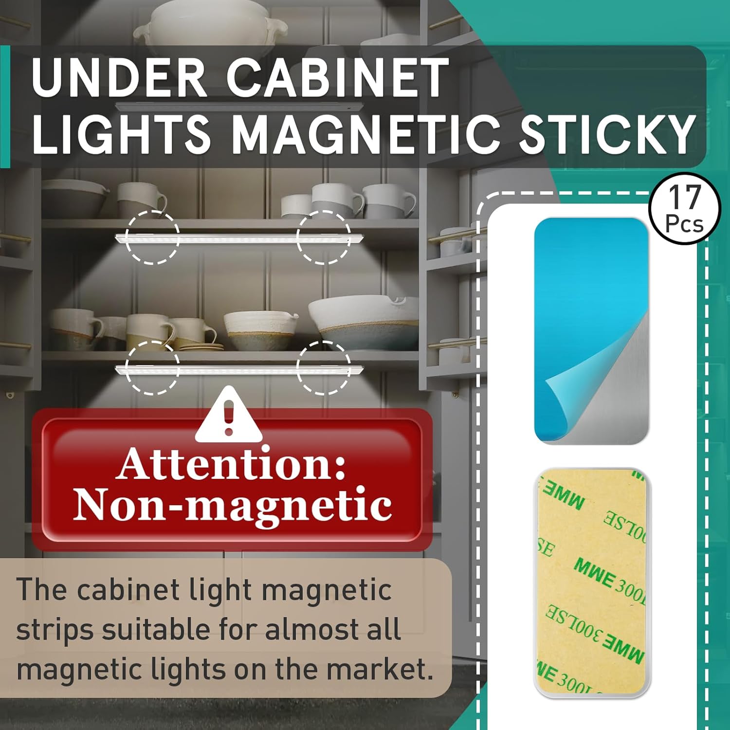 17 Pcs Under Cabinet Light Magnetic Strip, Replacement Magnetic Strips with Adhesive Backing for Cabinet Lights - Iron Sheet for Cabinet Lighting(6cm x 3cm Not Magnets)