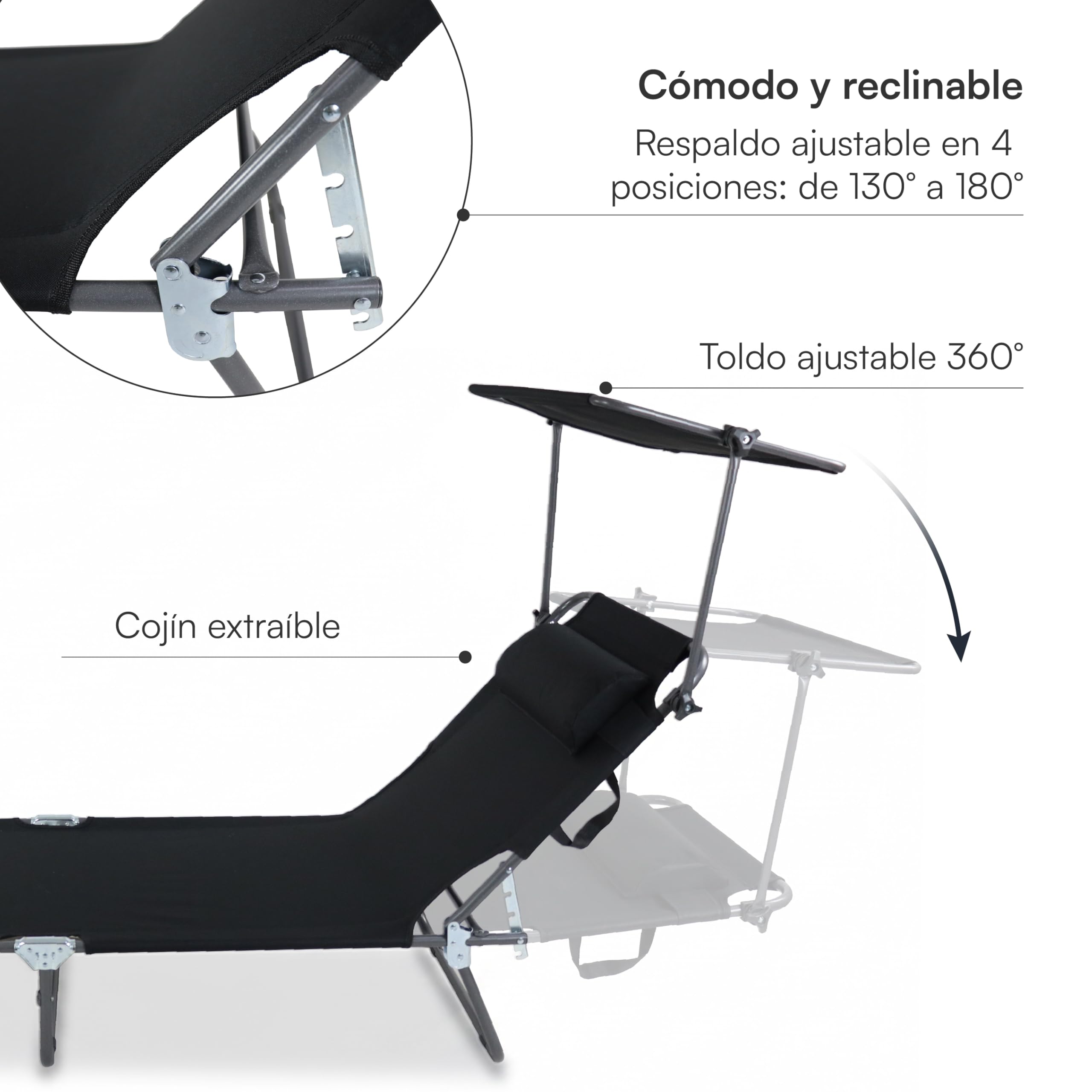 Baroni Home Tumbona Plegable Reclinable con Sombrilla Ajustable 360° y Cojín Removible, Lettino Tomasol de Metal con Tela Hidrorrepelente, Capacidad 110 Kg, 186x55x24 cm Negro