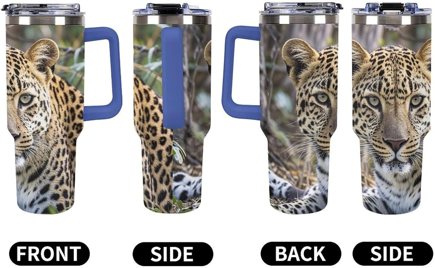African Animal Leopard Travel Coffee Mug Reusable Durable Stainless Steel Insulated Tumbler with Handle And Straw Leak Resistant Portable Thermal Cup Gifts for Men Women 40 Oz