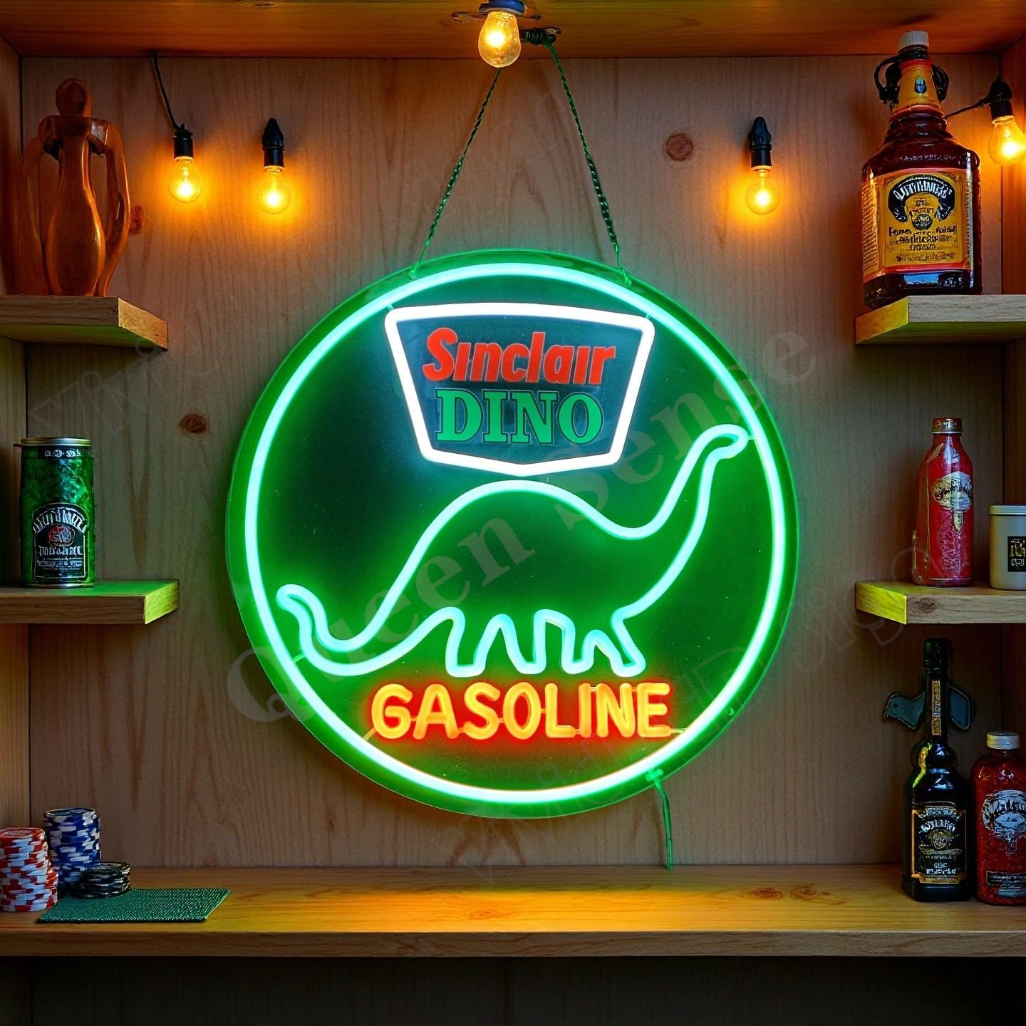 Queen Sense 16"x16" Sinclairs Dino Gasoline LED Neon Sign for Wall Decor USB Powered Dimmable LED Lights Signs Man Cave Bar Pub Beer Art Gift BH697