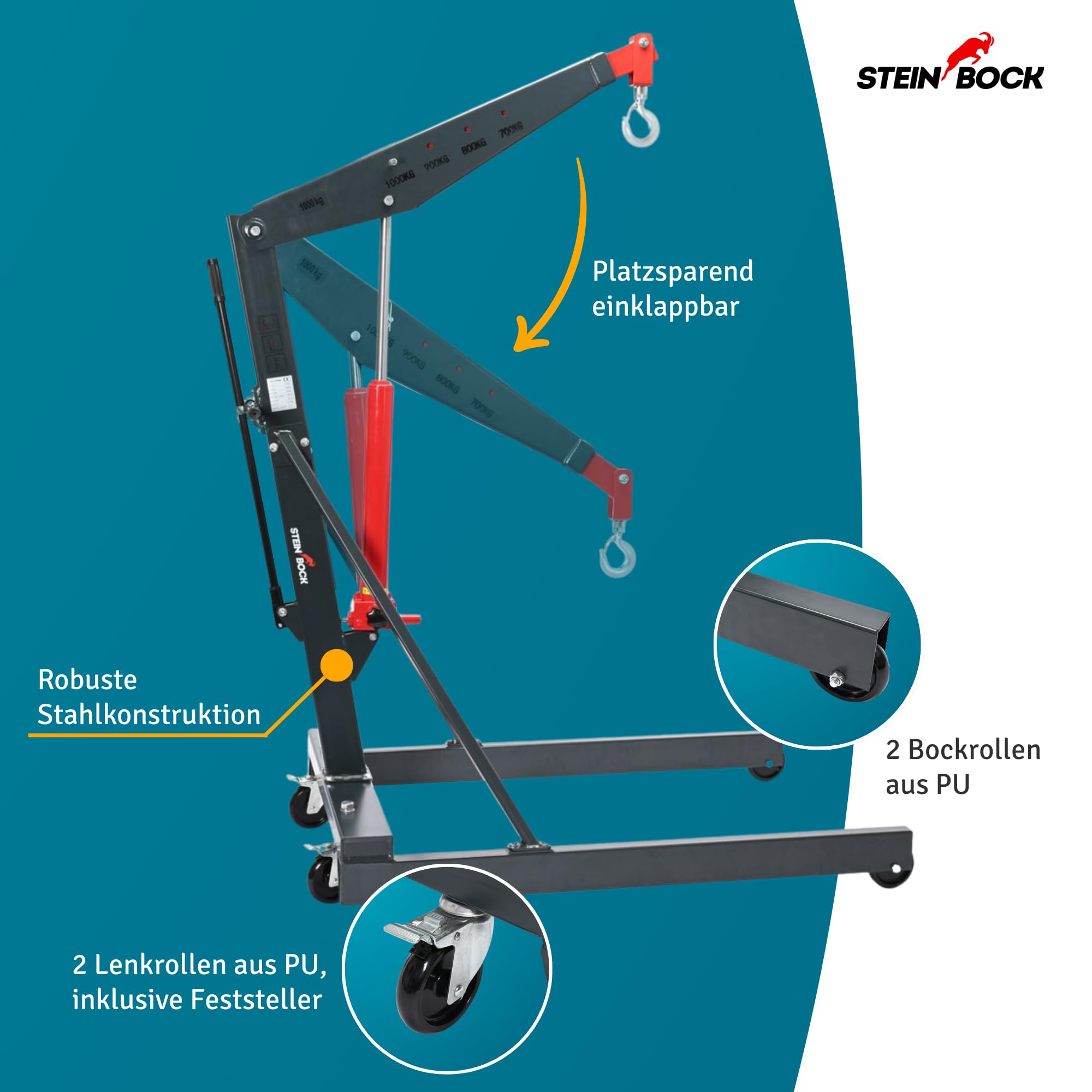 Steinbock Werkstattkran | 1.000 kg Tragkraft | 360° drehbar | 4-fach verstellbar | 2,475 m Hubhöhe | hydraulisch | klappbar | fahrbar | Rot/Grau | aus Stahl | Heben von schweren Lasten | Hebekran