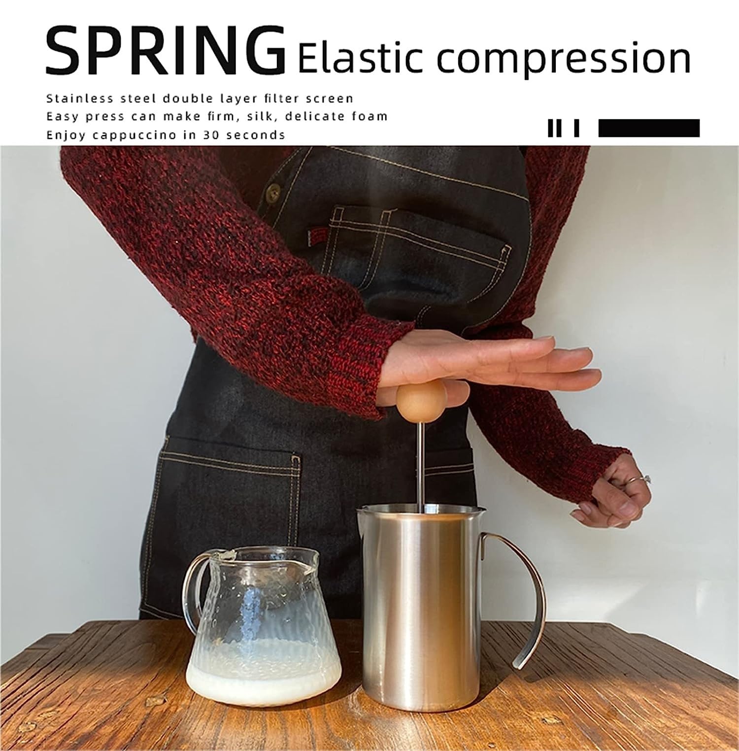 Frullino Montalatte Montalatte Ad Azionamento Manuale Pompa A Mano In Acciaio Inossidabile Tazza Per Schiuma Di Latte Per Caffè 400 Ml Monta Latte(Beige)