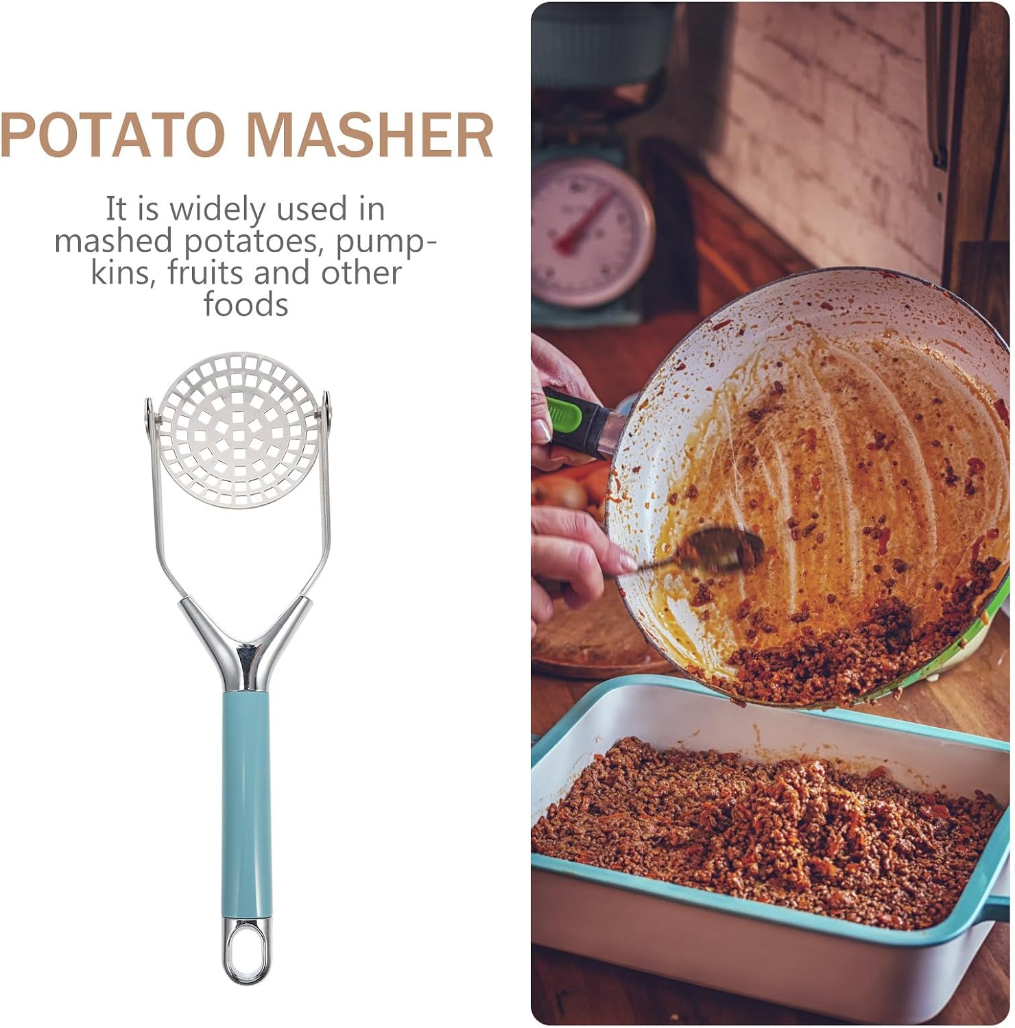 Stainless Steel Potato Masher and Sweet Potato Ricer Manual Presser for Kitchen Cooking, Sturdy Vegetable Crusher Tool Suitable for Home and Professional Use