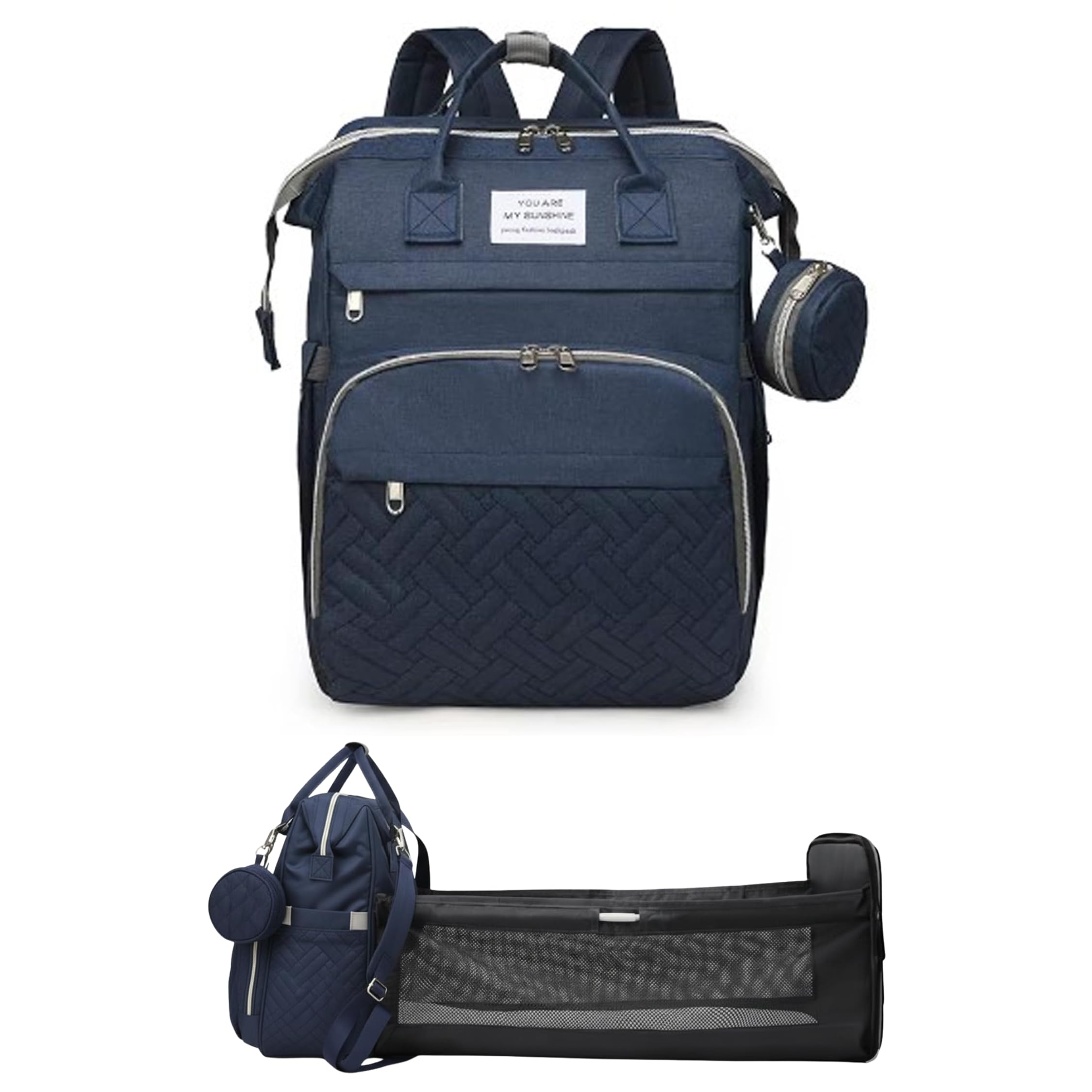 Handcuffs Diaper Bag with Changing Station | Mummy Bag With Bassinet | Backpacks | Foldable Bag | Travel Backpack | Diaper Bags | Shoulder Bag | Bed Changing Bagpack (Blue)