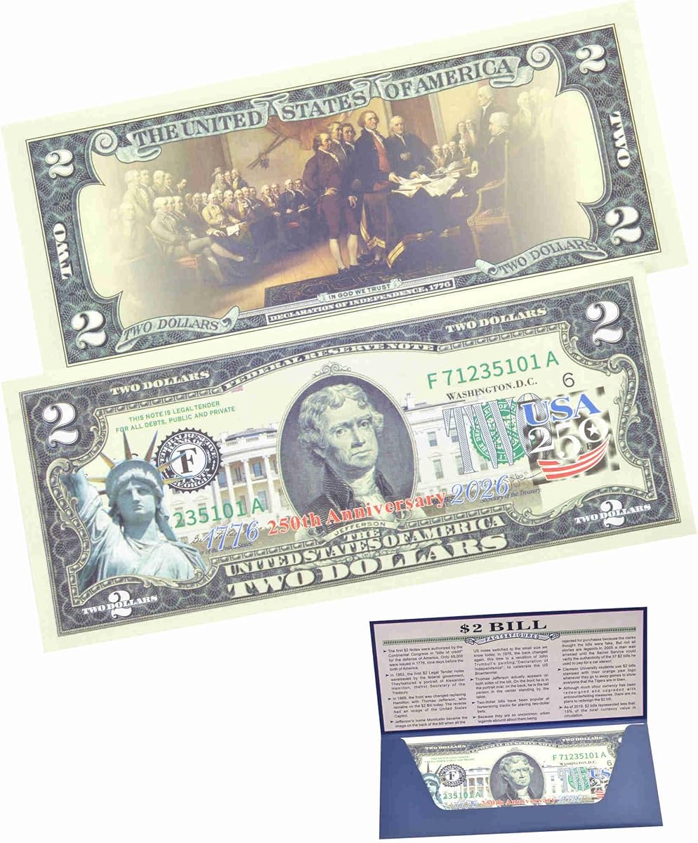 250th Anniversary Collectible $2 Bill | Independence Day 2 Dollar Bill 250 Anniversary Uncirculated Commemorative Coin Collectibles Replica Multicolored