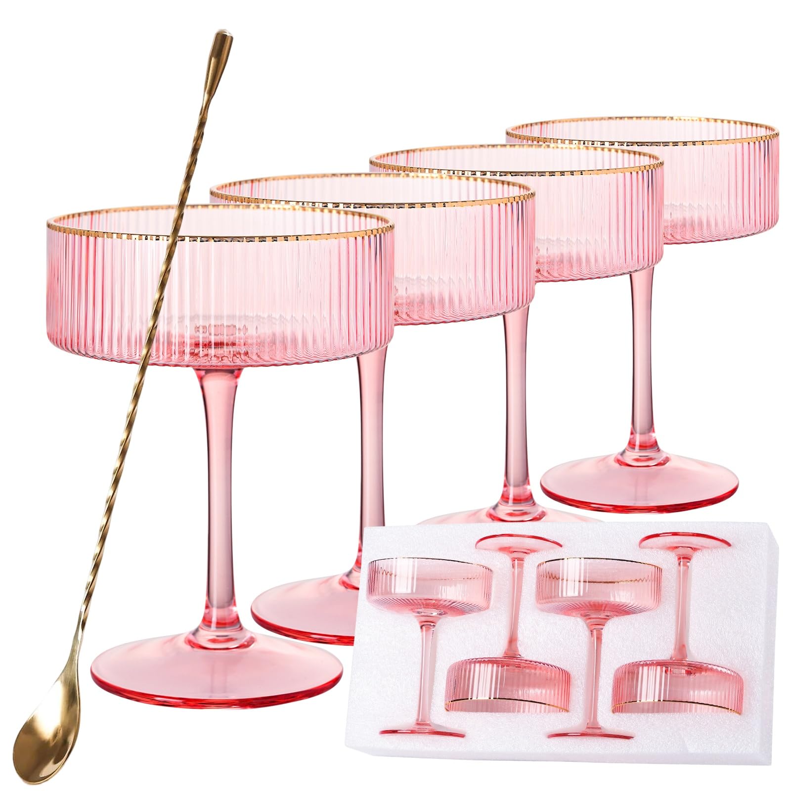Ribbed Coupe Glasses Set Of 4 With Gold Rims, Bar Spoon & Jigger - View #11