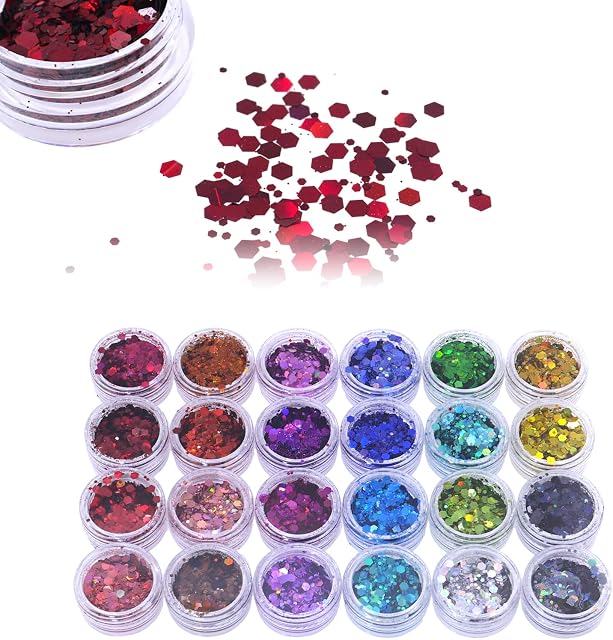 DBOO 24 Colors Holographic Chunky Glitter Hexagon Holographic Irregular Nail Glitter 24 Pots Holographic Nail Sequins Nail Foils Flakes Glitter Resin Accessories